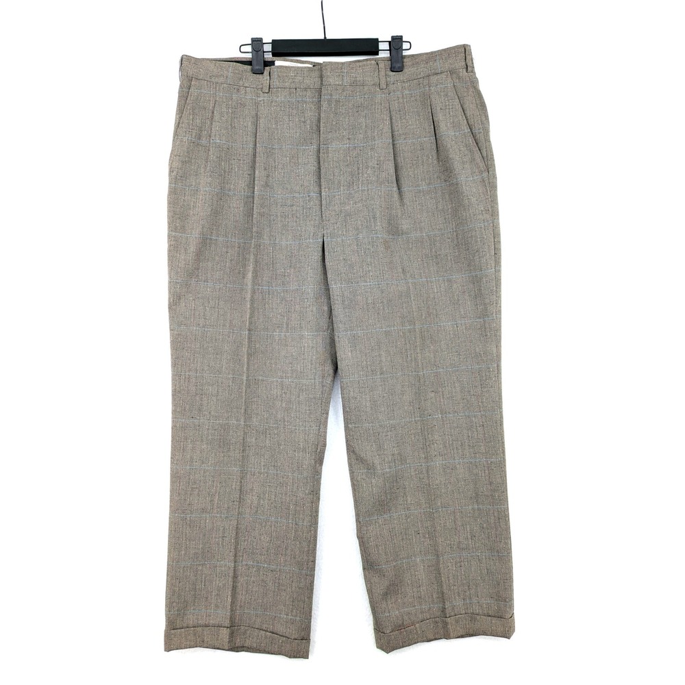 Vintage Towncraft Pleated Plaid Trousers Wool Silk Blend W40 Cropped Wide Leg
